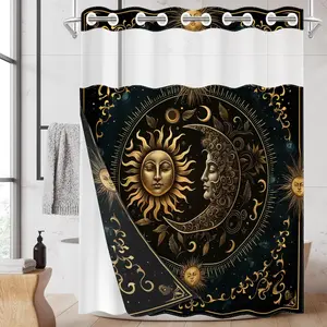 1pc hookless shower curtain with grommet liner, Sun, Moon, and Stars decorative design 2D flat printing, fabric waterproof liner shower curtain with see-through window, double-layer shower curtain, 71 x 74 inches, modern home window decor