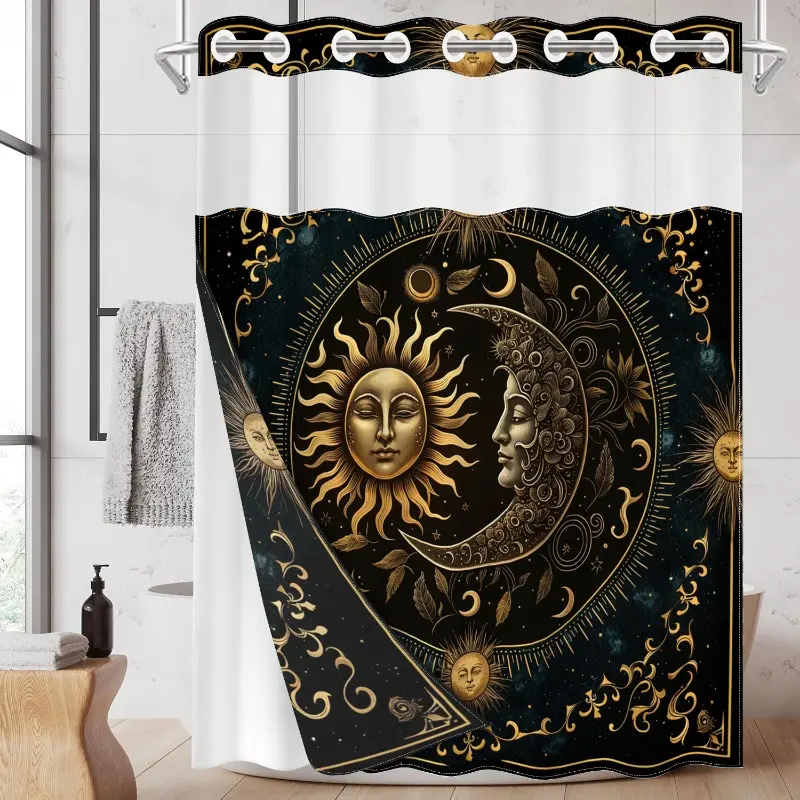 1pc hookless shower curtain, Celestial shower curtain, with grommet liner, Sun, Moon, and Stars decorative design 2D flat printing, fabric waterproof liner with see-through window, double-layer, 71 x 74 inches, modern home window decor