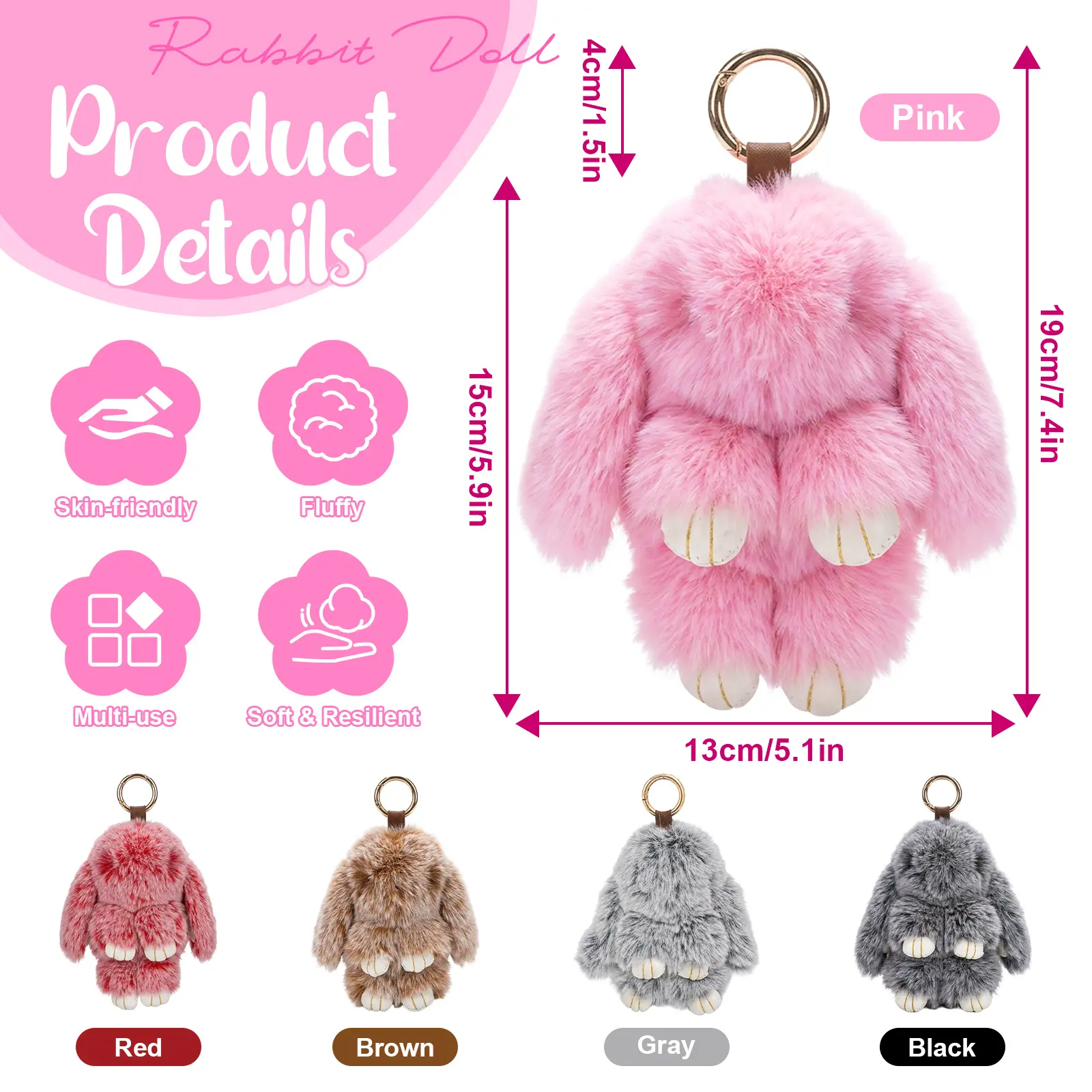 Knitted Bunny PomPom Keychain, Handmade 7.09in Cute Animal Charm, Cool Accessory for Car Keys and Bags, Holiday Birthday Gift, Cool Keychain Accessories, Key Charm Accessories