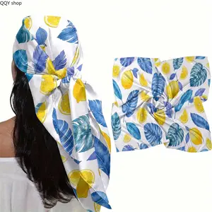 【Summervibes】Tropical Lemon Leaf Print Pre-Tied Head Scarf, Silky Satin Headwrap, Non-Slip Knotted Turban Bandana, Stylish Adjustable Hair Cover for Women Summer Vacation Daily Hairstyle & Bad Hair Day