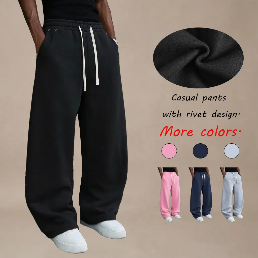 Men’s soft casual pants with fleece lining, wide-leg sports pants with plush inner lining and loose straight-leg long pants; winter warm versatile casual pants suitable for Christmas holiday streetwear; breathable sports pants.