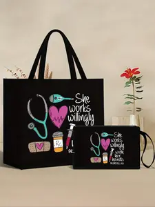 Nurse-themed tote bag and makeup bag set, casual style, fabric material, fixed shoulder strap, Easy To Carry, printed with stethoscope, heart, syringe, and thermometer patterns, 'She enjoys working with her hands'