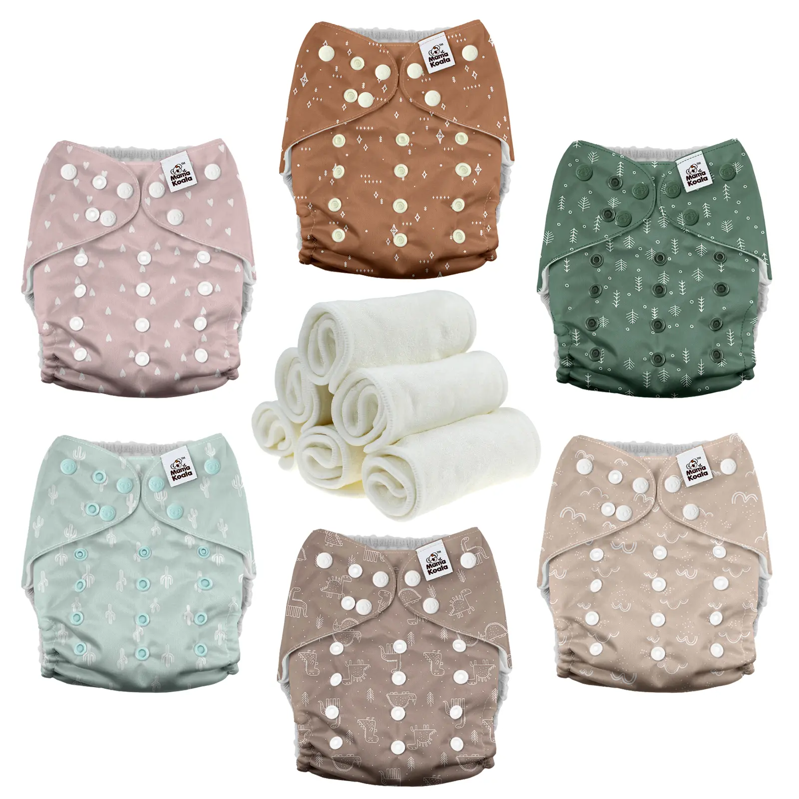 Mama Koala 3.0 Pocket Cloth Diapers for Babies with AWJ Lining, 6 Pack with 6 4-Layer Natural Cloth Diaper Inserts - Reusable and Washable Pocket Diapers(631A)