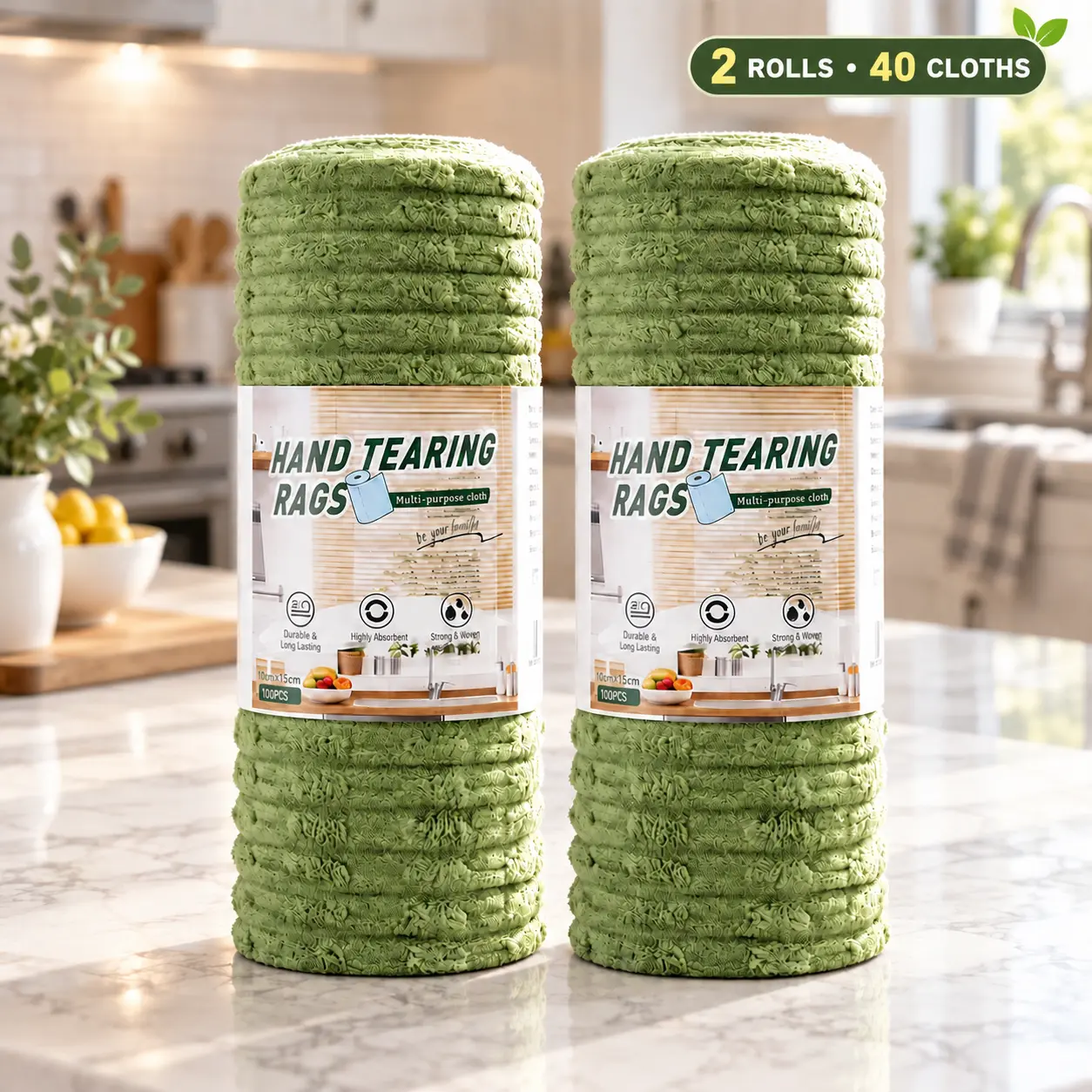 Reusable Tear-Off Cleaning Cloth Rolls (2 Packs, 40 Sheets Total) - Washable, High-Absorbency, Low-Linting, Non-Scratch, Watermark-Free, Durable, Soft Household Cleaning Cloths for Kitchen, Bathroom