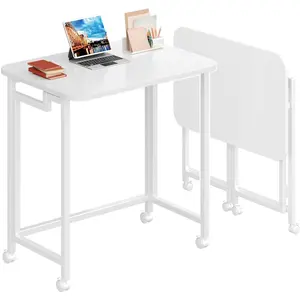 All White Foldable Sturdy Durable Metal Modern Home Office Desk (23.6x15.75x27.2in) - Mobile Rolling Computer Cart with Wheels, Portable Compact Table for Small Spaces (Assembly Required)