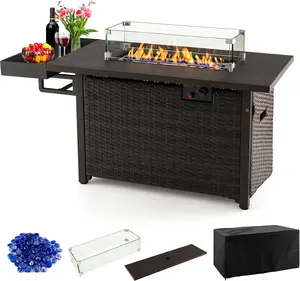 【Costway】-Outdoor Pit Table w/Lid, Waterproof Cover, Tempered Glass Wind Guard & Blue Fire Stone w/Storage Shelf  for Courtyard Balcony Garden Terrace