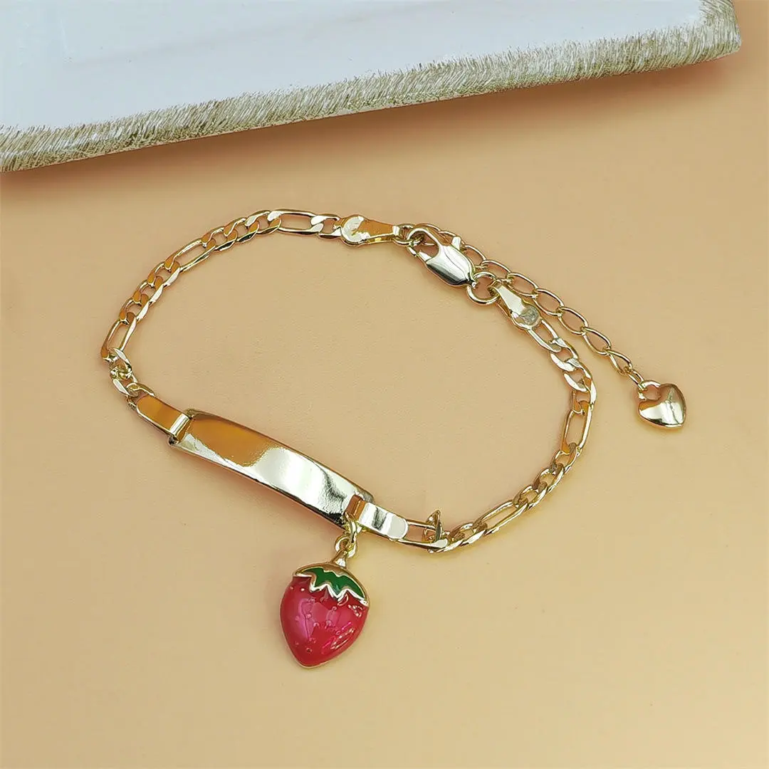 14K Gold Plated Strawberry Charm Bracelet, Curved Blank Tag Chain For Kids And Little Girls Daily Wear And Holiday Gift Use