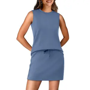 OFEEFAN Two Piece Skirt Sets for Women Summer Vacation Outfits Tennis Skirt Crew Neck Top Versatile Lounge Sets