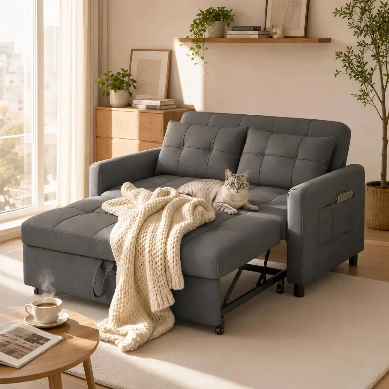 GIZOON 3-in-1 Upholstered Futon Sofa Bed, Space Saving Loveseat Sleeper with 53.2” Full-Size Pull-Out Couch, Linen Fabric Dark Grey Dual-Function Sofa Set, Expandable Futon with Side Pocket & Adjustable Backrest for Living Room, Dual-Function Sofa Sets