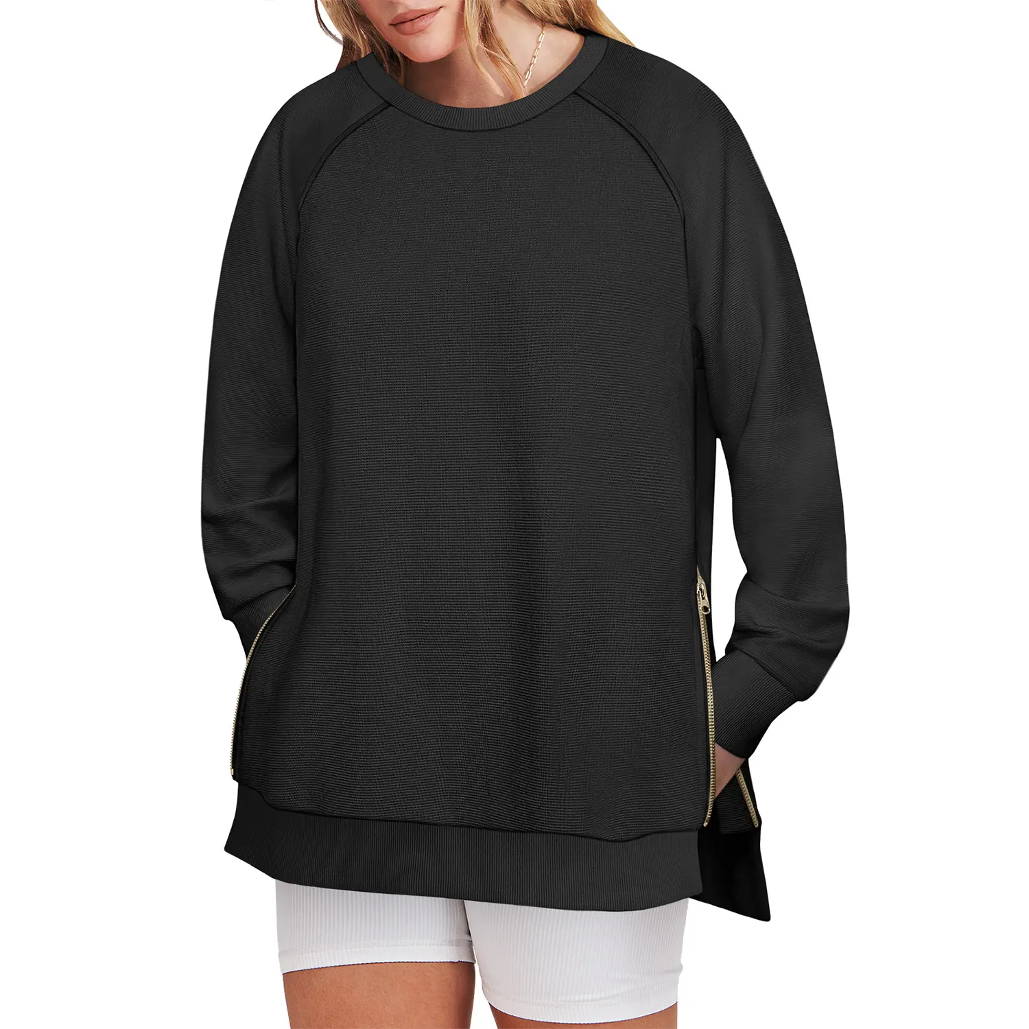 ANRABESS Women's Sweatshirts Long Sleeve Tunic Tops Crew Neck Soft Pullover With Side Zipper Shirt Clothes 2026 Casual Hoodie