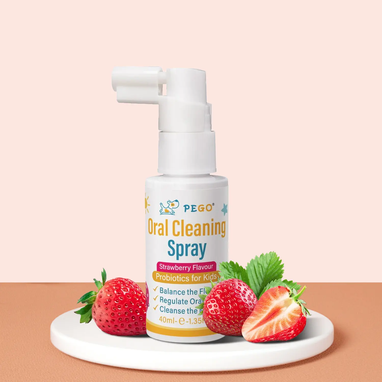 PEGO Kids Oral Spray, Toddler Toothpaste Helper with Strawberry Flavor, Xylitol & Probiotic, Fluoride-Free Natural Cavity Defense & Fresh Breath, 40ml, Fruity, Xylitol Helps Guard Teeth, Freshens Breath After Snacks, Anti-Cavity, Cavity Guard