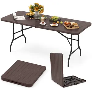 COSTWAY - 6 Feet Folding Table with Wood Grain HDPE Tabletop and Safe Lock Mechanism-Brown