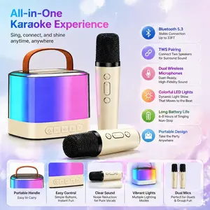 Mini Bluetooth Karaoke Machine equipped with 2 wireless microphones, dazzling LED disco lights, Bluetooth 5.3 technology, USB charging, and 5 sound effect modes. Perfect for outdoor gatherings or home use—an ideal gift choice. Portable RGB Speaker djimi c