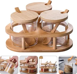 3 PCS Stylish Simple Condiment Canisters Pots Set, Decorative Storage Seasoning Glass Container Box with Bamboo Spoon Lid and Base for Home Kitchen café Storing Salt Sugar Pepper Spice