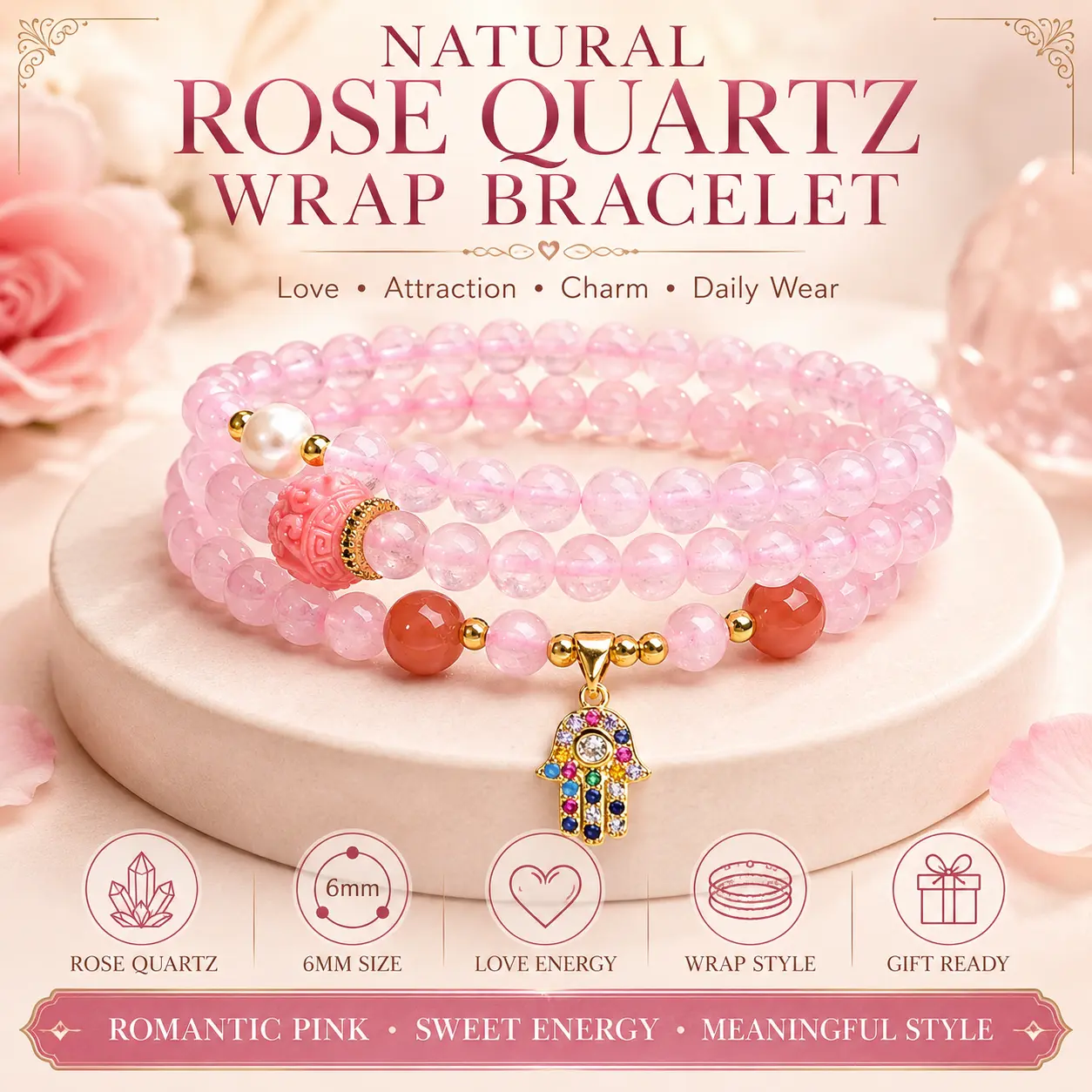 Rose Quartz 108-Bead Wrap Bracelet - Pink Crystal Charm Bracelet for Love, Heart Chakra Calming Energy, Women's Gift, SummerWins DealsForYouDays Offer, Bracelets, Charm Bracelets