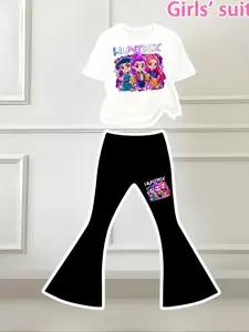 Halloween Christmas Costume Set, Witch Pattern Print 2-Piece Girls Casual Sports Short Sleeve & Bell Bottoms, Youth Trendy Sportswear, Power Girl Outfit