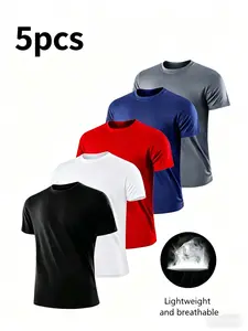 5-Pack Men's Quick-Dry Running T-Shirts, Breathable Moisture-Wicking Sportswear, Lightweight Compressive Short Sleeve Tops for Fitness
