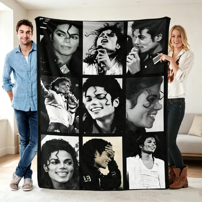 Michael Jackson Collage Portrait Gift Flannel Blanket Black Backdrop with Iconic B&W Monochrome Photos Soft and Memorable Present for MJ Fans