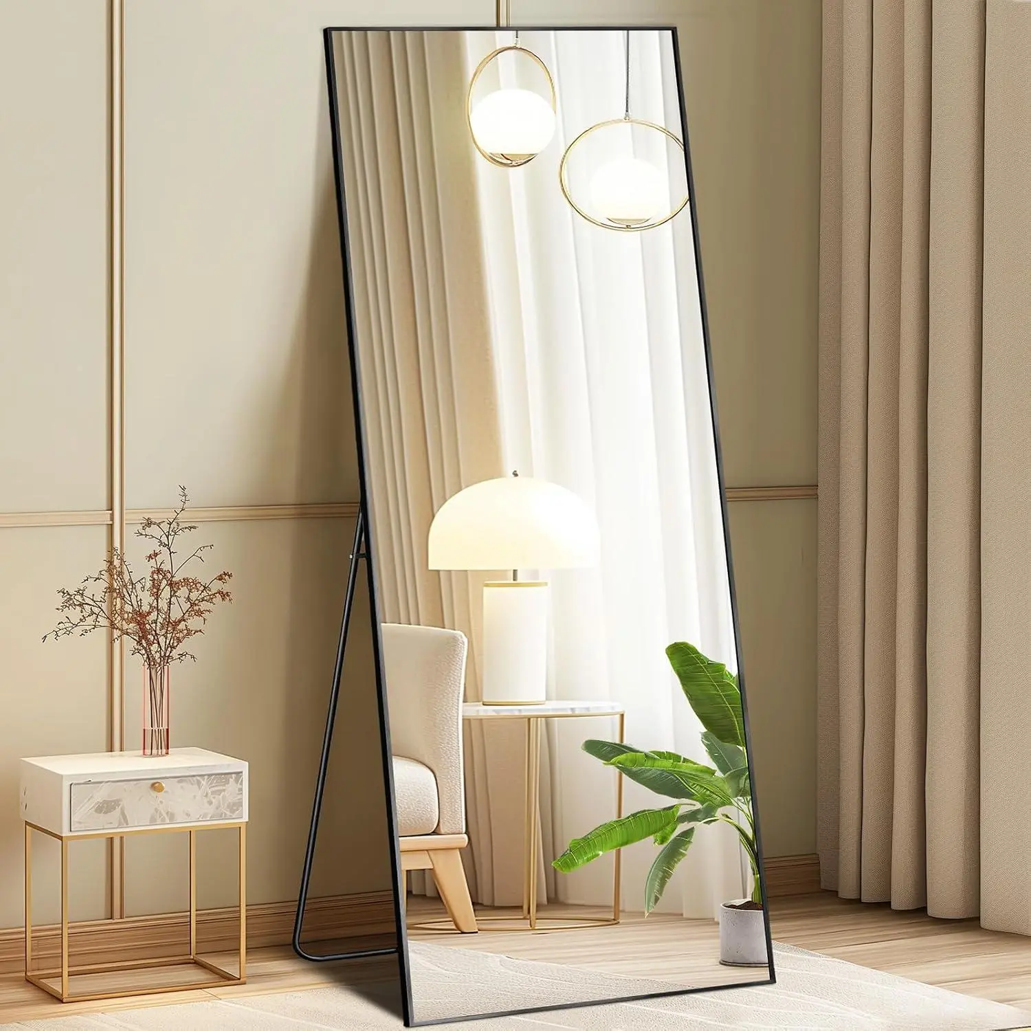 Full-Length Mirror with Stand, 21 x 56 Inch Floor Mirror with Aluminum Alloy Frame, Shatterproof Nano Glass, Freestanding Full-Body Mirror for Wall, Bedroom, Living Room, Wardrobe – 3 Placement Options, Fully Assembled