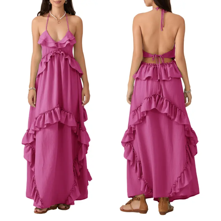 Women's Halter Neck Ruffle Maxi Dress, V Neck Tiered Flowy Long Dress, Backless A-Line Summer Dress for Beach & Vacation Basic Maxi Feminine Sleeveless Casual
