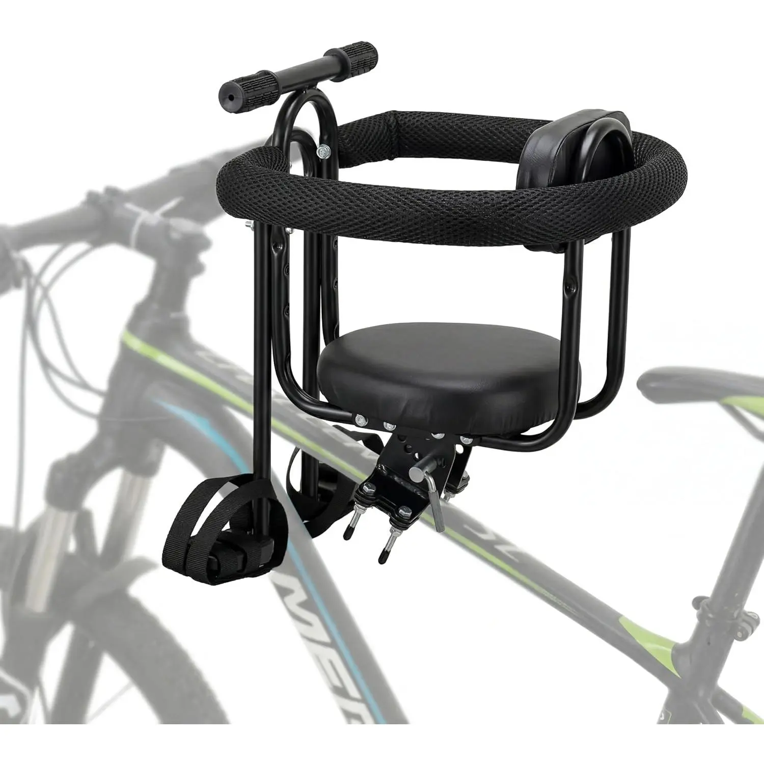 Cycling Front Crossbar Mount Child Transport Carrier with Guardrail Safety, Full Coverage Guardrail, Foot Straps, 4-Level Adjustable Foot Supports, Metal Frame, for 1-4 Years (Up to 55lbs), 4 Levels