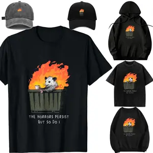 Women's Comfortable Printed Tshirt - Soft Cotton-Polyester-Linen Fabric, Mock Neck, Long-Sleeve/Shortsleeve, Plus-Size Unisex Casual Clothes with "Horrors Persist So Do I" Funny Possum Meme Trash Dumpster Design for Daily Wear