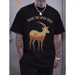Roam The Open Wild Antelope Silhouette Vintage Sunset Graphic Tee, Retro Desert Mountains Printed Tee, Casual Wear Unisex Top, Summer Shirt Streetwear Style, Aesthetic Tee Trendy Design, Soft Fabric Style, Rustic Earthy Tones Nature Lover Gift