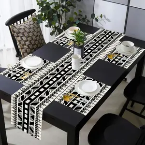 1 piece/4 piece/5 piece set/7 piece set, simple linen table runway and placemat set, black and white geometric pattern restaurant decoration, suitable for home restaurant kitchen decoration, holiday parties, cafes, outdoor home dining decoration