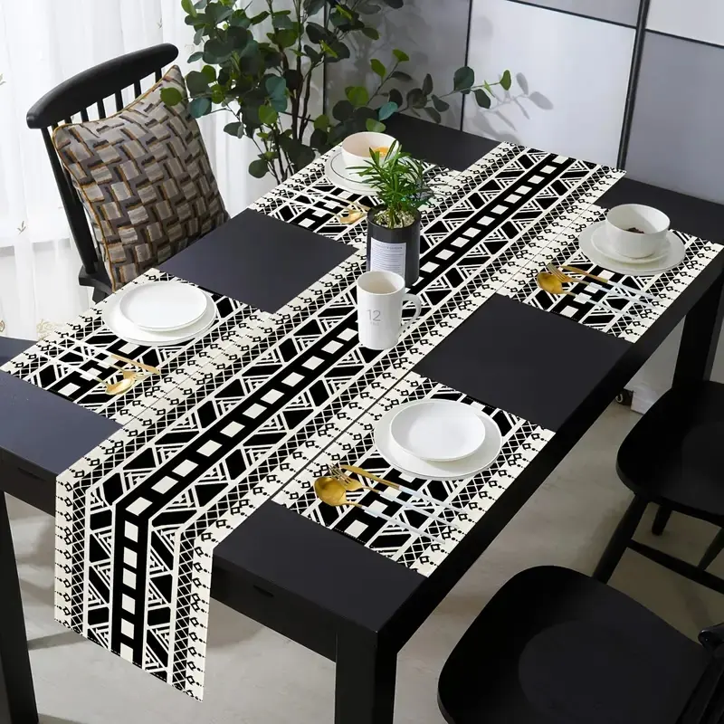 1 piece/4 piece/5 piece set/7 piece set, simple linen table runway and placemat set, black and white geometric pattern restaurant decoration, suitable for Indoor home restaurant kitchen decoration, holiday parties, cafes, outdoor home dining decoration
