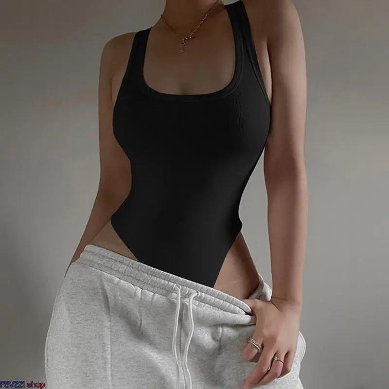 Women's Basic Minimalist Square Neck Sleeveless Ribbed Knit Bodysuit - Stretchy, Smooth, Seamless Cut, Fitted Bodycon, High-Cut Leg, Casual Design for Everyday Wear, Going Out, Classic Neutral Tones, Camping Essentials