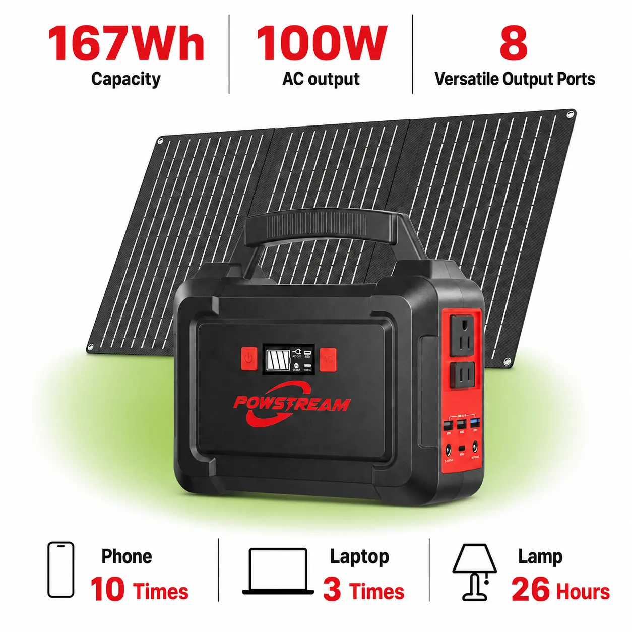 167Wh Solar Generator with 30W Solar Panel Portable Power Station with 2 x 100W AC Outlets (150W Surge) 8 Output Ports Built-in Flashlight for Home Camping Essentials Power Outages Emergency