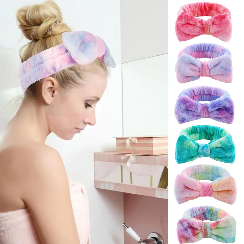 6pcs Bowknot Makeup Headband Coral Fleece Elastic Wash Face Spa Headband Washable Facial Band Makeup Head Wraps for Women