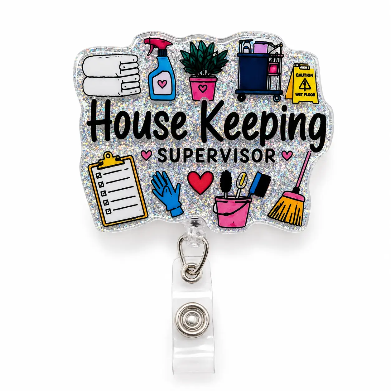 Housekeeping Supervisor Badge Reel, Glitter Retractable ID Badge Holder, Cleaning Staff Badge Clip for Hotel Hospital EVS and Facility Teams