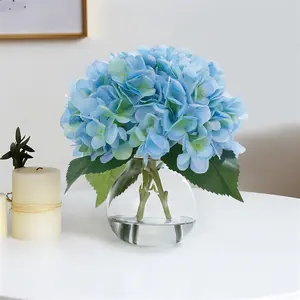 Vivid & Realistic: Premium silk artificial white/blue hydrangeas in a round glass vase with faux water create lifelike arrangements, brightening any room with lasting beauty.