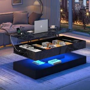 39.4"/47.2" Large Lift Top Coffee Table with Charging Station, LED Modern High Glossy Center Table with Hidden Compartment Storage,  Lift Living Room Tables with Marbling Print, White/Black