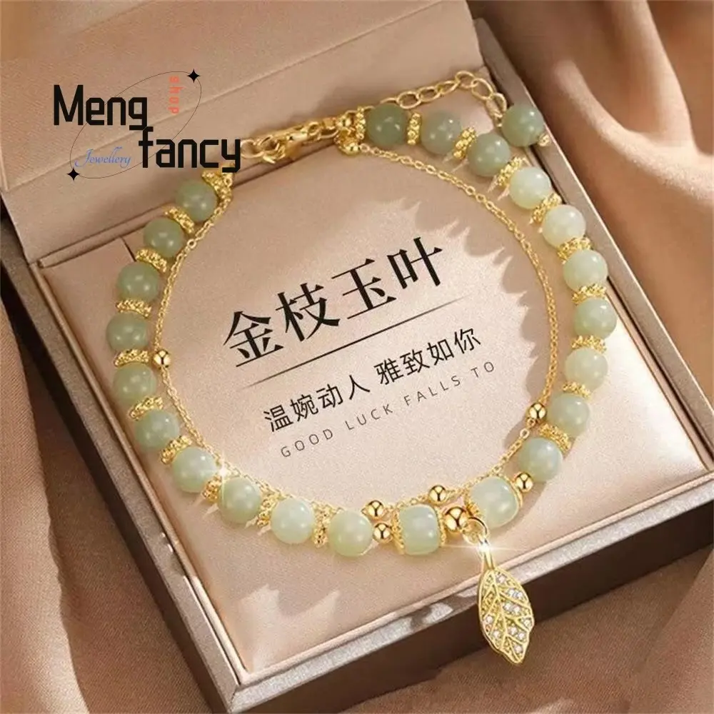 Beads Embellished Hetian-Style Green Jade-Look Gold Leaf Bracelet, Casual Fashion Costume Jewellery Accessory with Comfortable & Versatile Fit, Bracelets, Copper Alloy