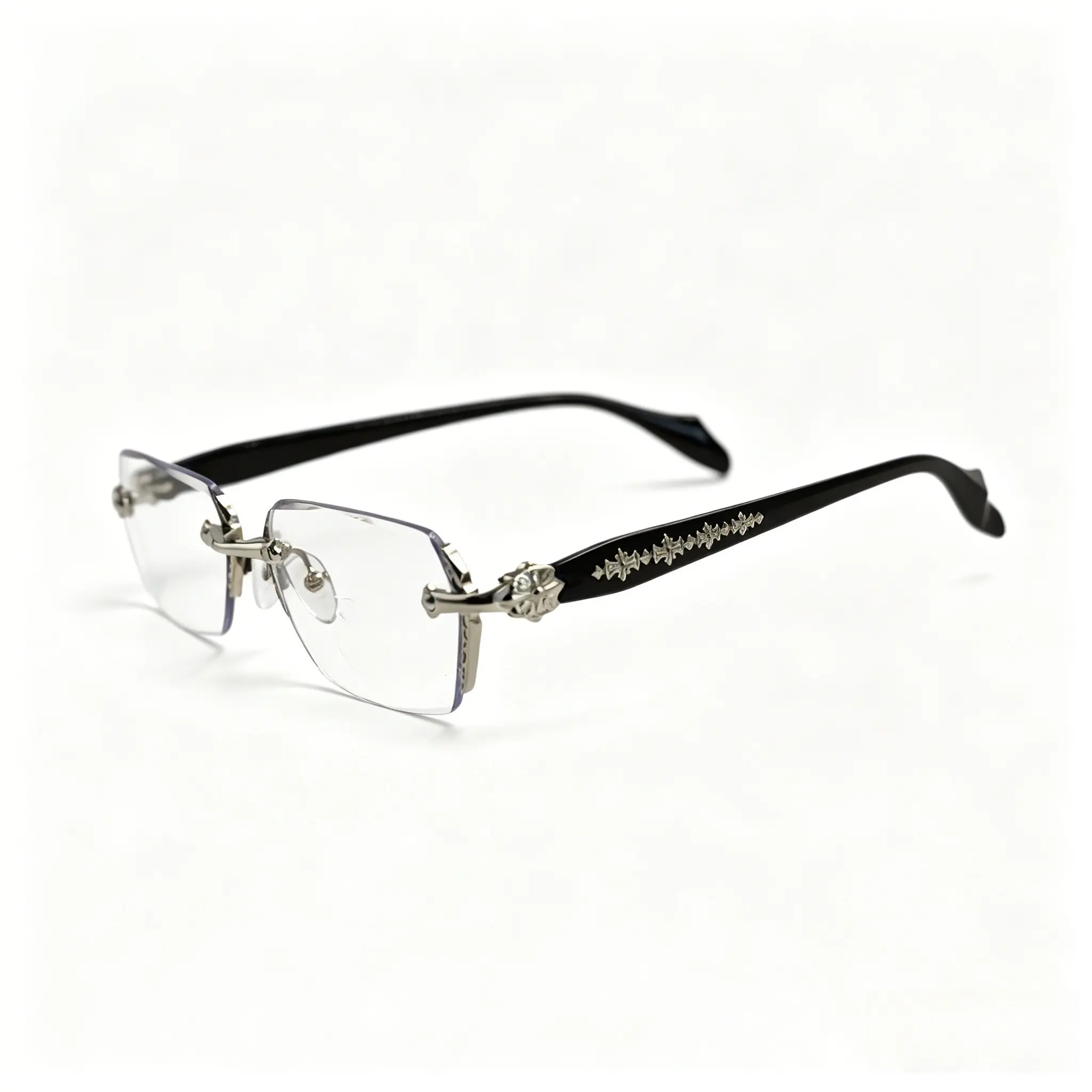 Men's Vintage Gothic Rimless Eyeglasses - Acetate Frames with 3D Skull & Cross Decorative Joints, Metal Accents, Adjustable Blue Light Blocking Lenses for Casual & Punk Outfits