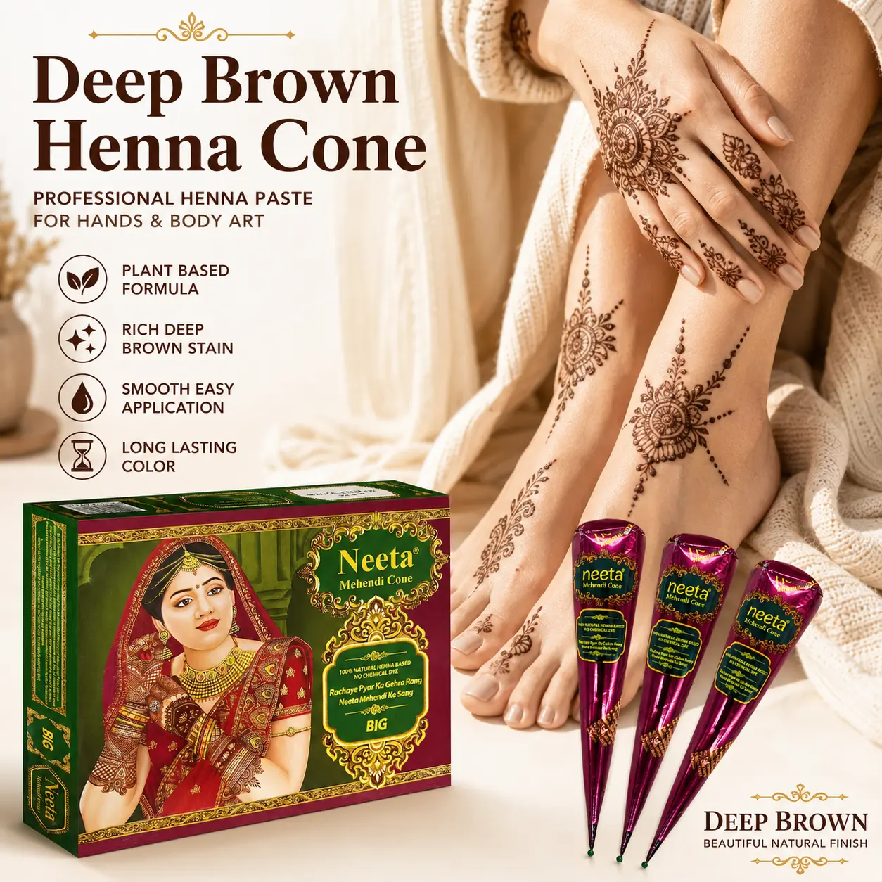 Neeta 100% Natural Ready to Use Henna Paste Cones Dark Brown Color, Used For Drawing Temporary Tattoos, Waterpro Of And Smudge-proof, Aemi-permanent And Long-lasting.