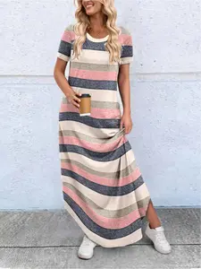 A women's solid-color round-neck pocket short-sleeved dress, comfortable, Lightweight, Casual and versatile for all occasions.
