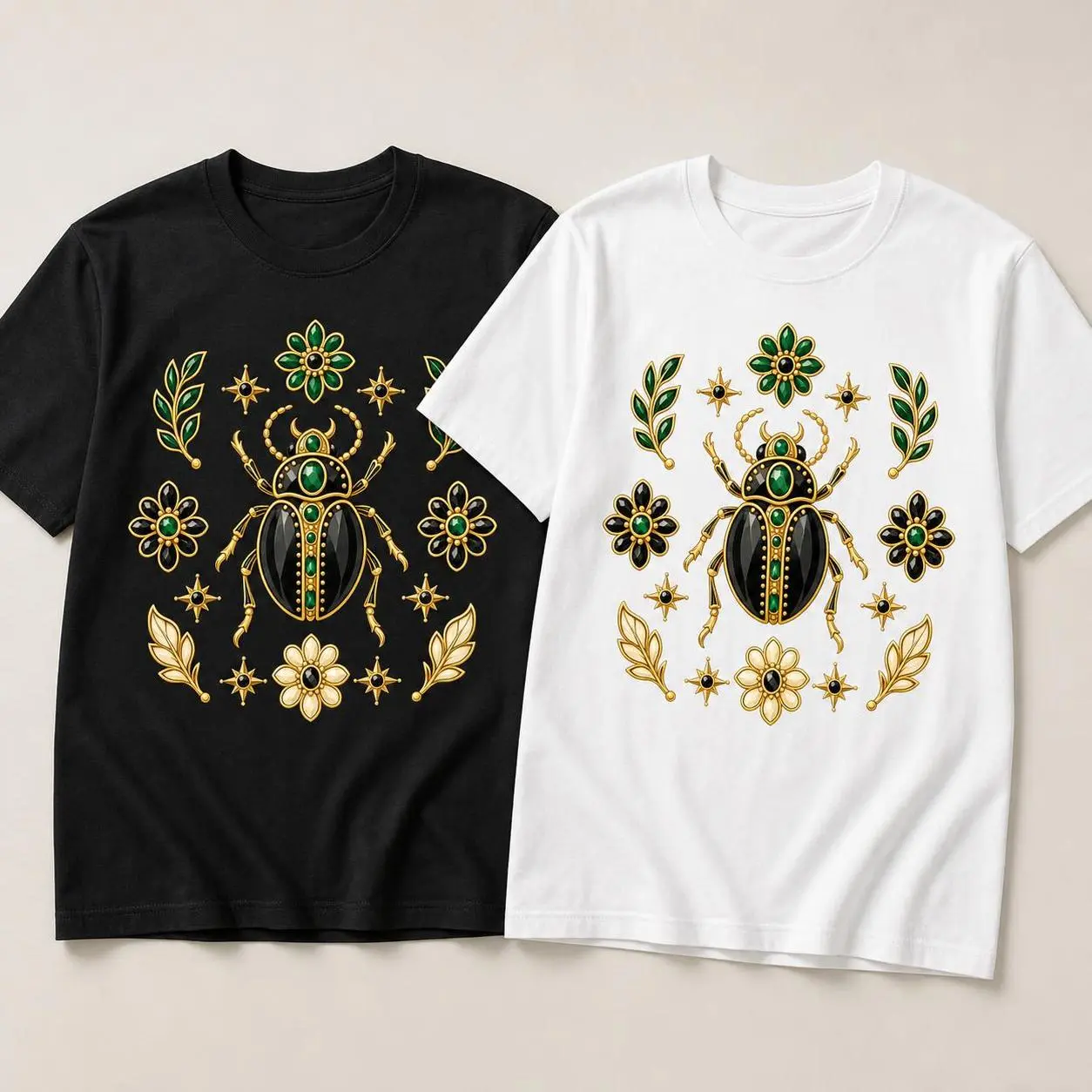 Jeweled Beetle Brooch Graphic T-Shirt, Unisex Retro Minimal Statement Tee, Vintage-Inspired Insect Jewelry Art