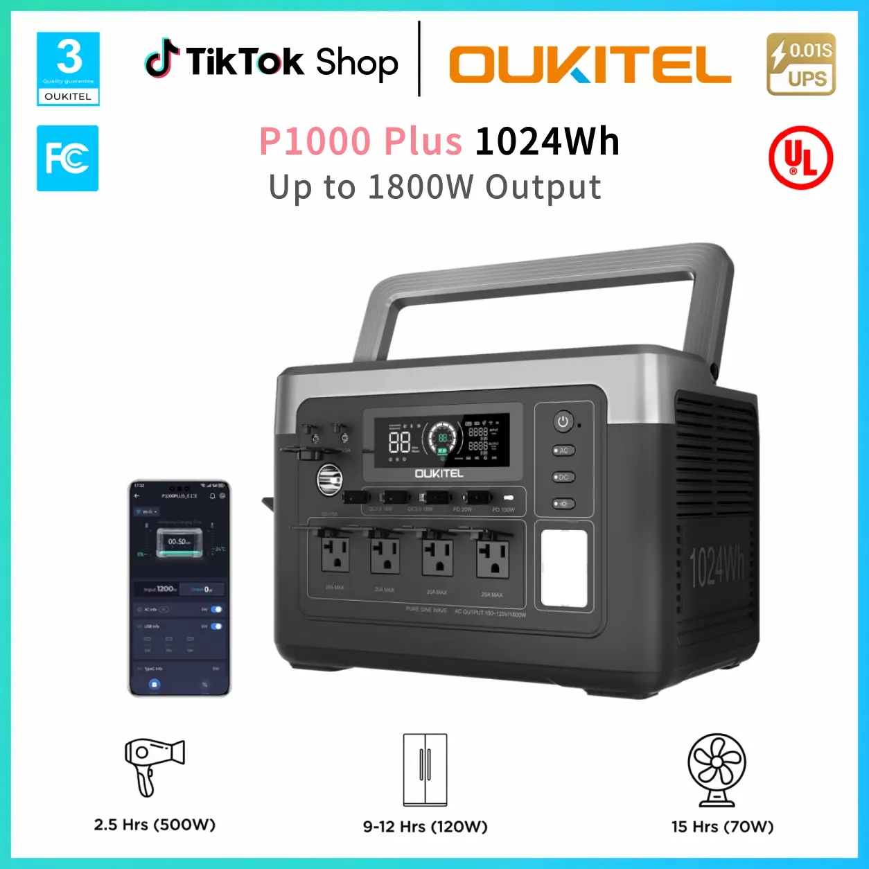 OUKITEL P1000 Plus Portable Power Station 1024Wh, 1800W LiFePO4 Solar Generator with Foldable Solar Panel, USB-C, Home Backup for Outages, Camping & RV High Capacity Battery Lithium Rechargeable Battery