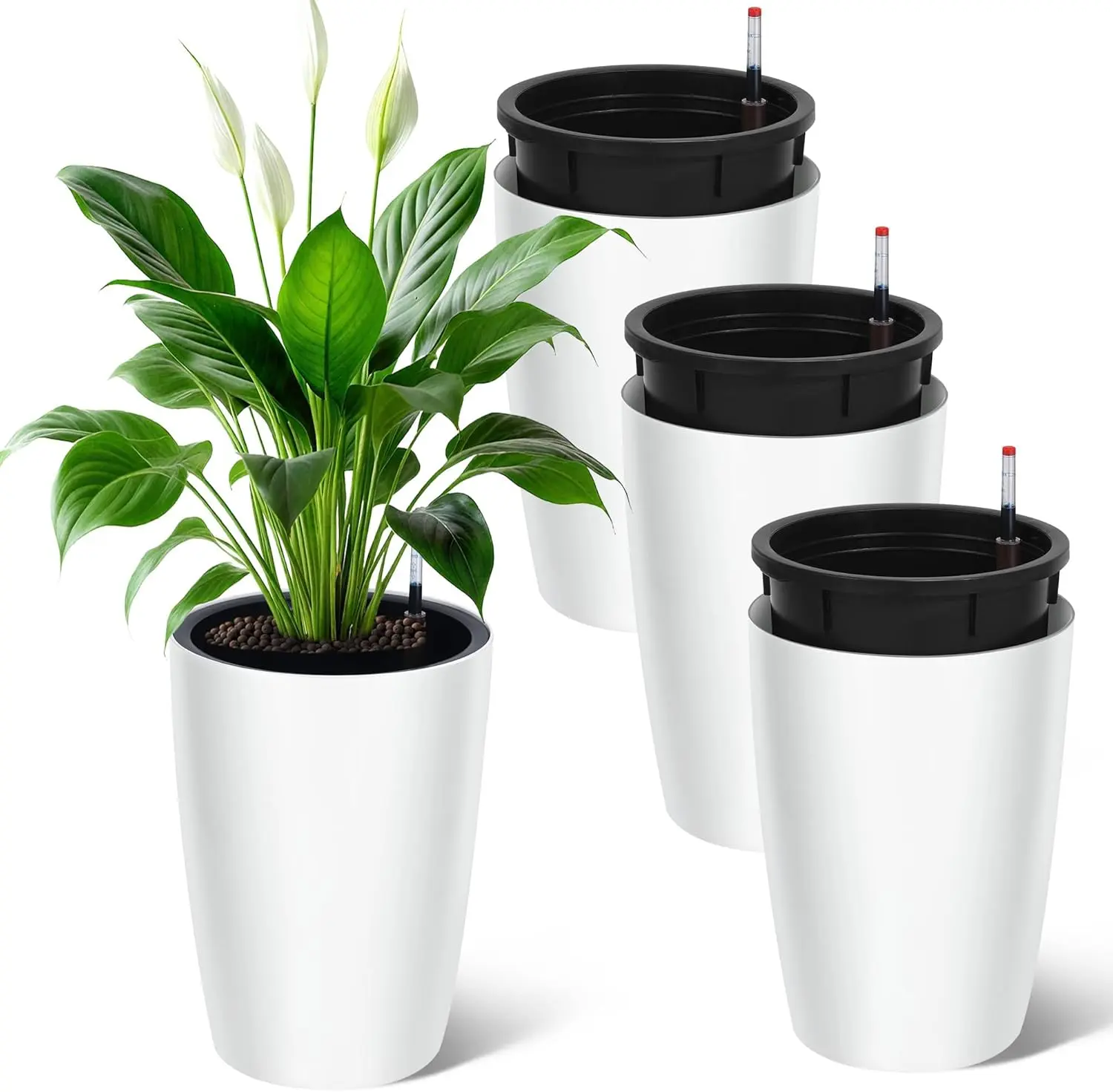 16 Inch Tall Black Planters Set of 4, Self Watering Flower Pots with Drainage System & Water Level Monitor for Indoor Outdoor Patio Home Office Plants
