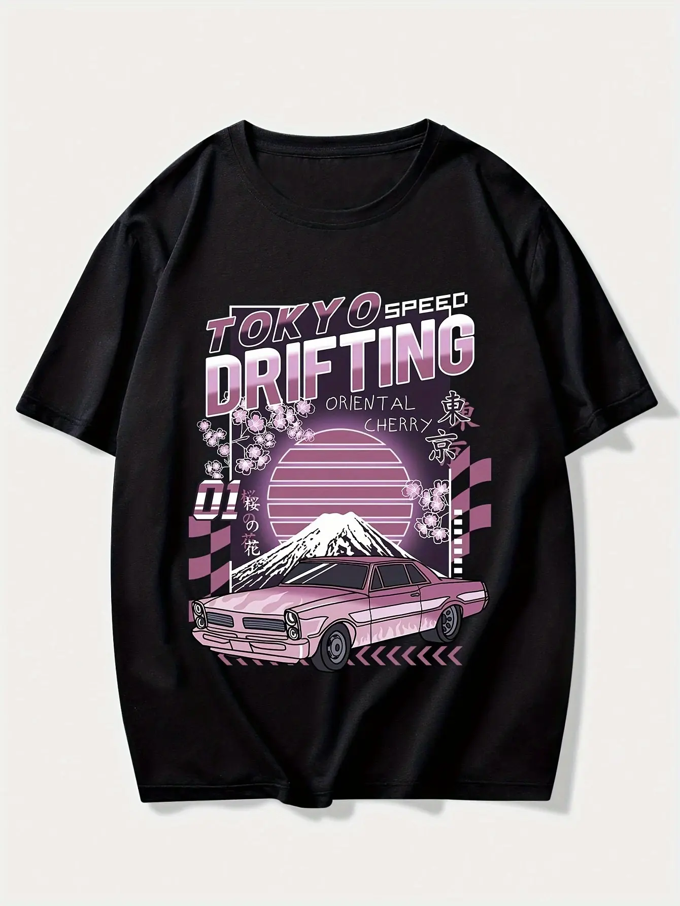 Men's Black Casual Short Sleeve T-Shirt with Tokyo Speed Drifting Graphic, Mount Fuji & Racing Car Design - Breathable Summer Tee, Machine Washable, Regular Fit, Adult Casualwear, Vibrant Print Shirt, Easy Care Clothing
