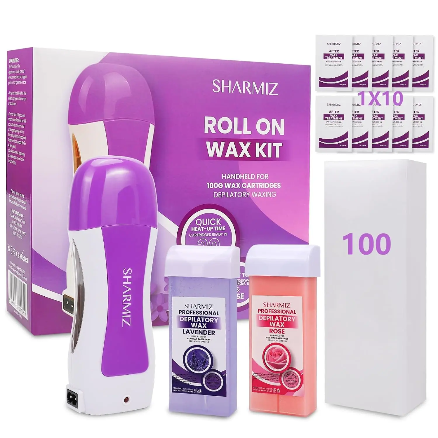 Sharmiz Roll-On Wax Kit for Sensitive Skin - 3 Pack with Rose & Lavender Wax - 100 Wax Cartridges Included - Professional Hair Removal Set