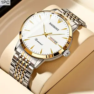 BANBONY Newest Stainless Steel Watch with Date Calendar Gold Face Clear Pointers Unisex Suitable for Daily and Formal Occasions Automatic Mechanical Movement No Battery Stainless Steel Band clock