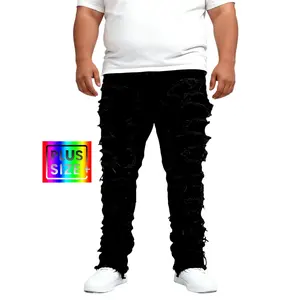 HME-S131 Plus Size Men's Black Heavy-Wear Distressed Ripped Jeans Extra Wide Streetwear Pants Relaxed Stretch Distressed Street-Ready Casual Unique Washed Denim Pants, PLUS SIZE Fleece Lined Rhinestone Embellished Shorts Slim plain pocket springstatements