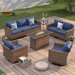 【3/4 packages delivery】UDPATIO Modern Outdoor Wicker Sofa Set, fire pittable Rattan Wicker Outdoor Sectional Set with Rocking Swivel Chairs, PE Rattan Outdoor Sofa Set with Storage Table and Waterproof Covers for Backyard, Deck, Porch Spring Greenish Summ