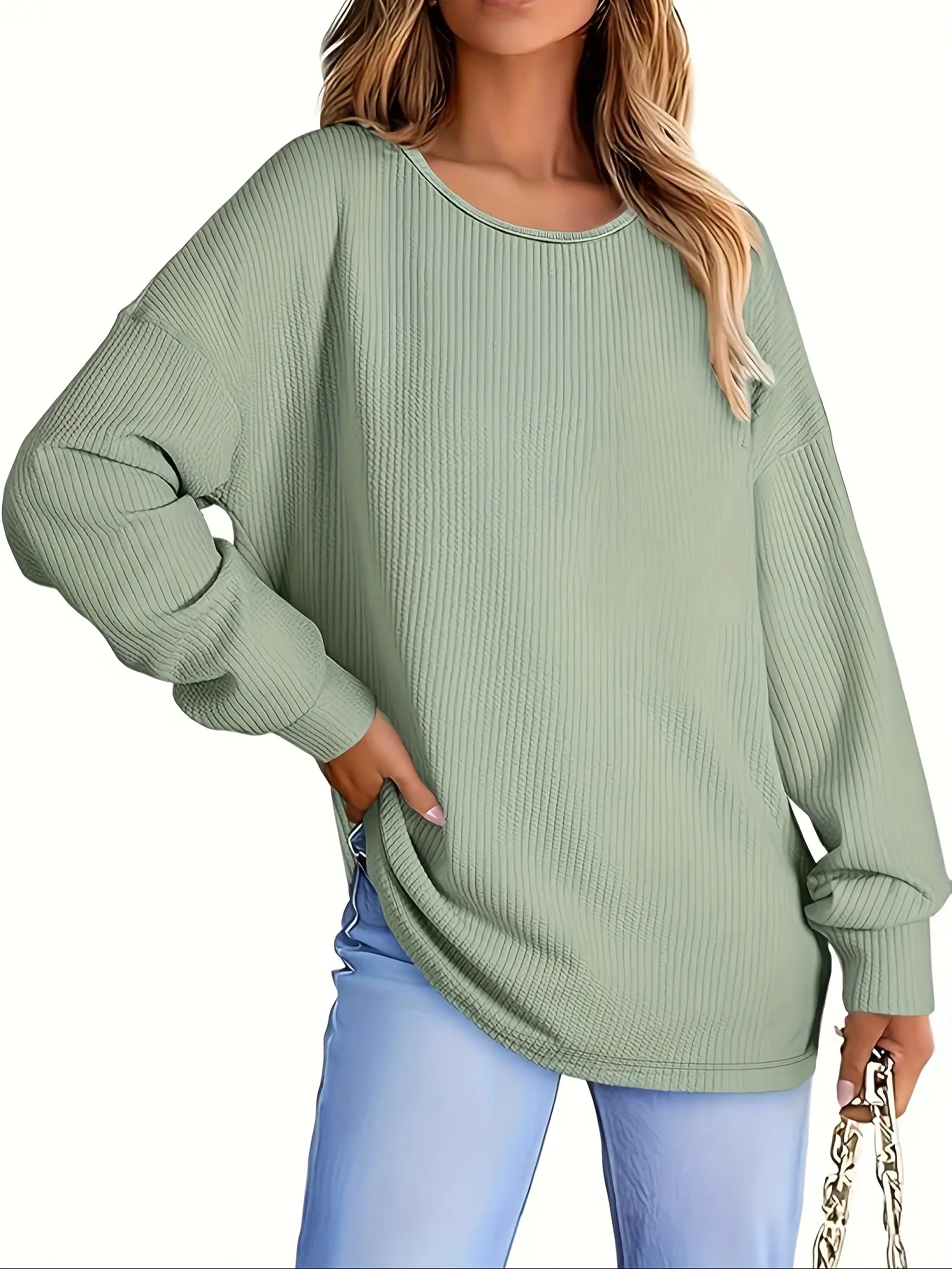 Plus Size Women's Casual Loose Long Sleeve Top, Fashionable Solid Color Crewneck Pullover Sweatshirt, Fall Winter Commuter Essential, Womenswear