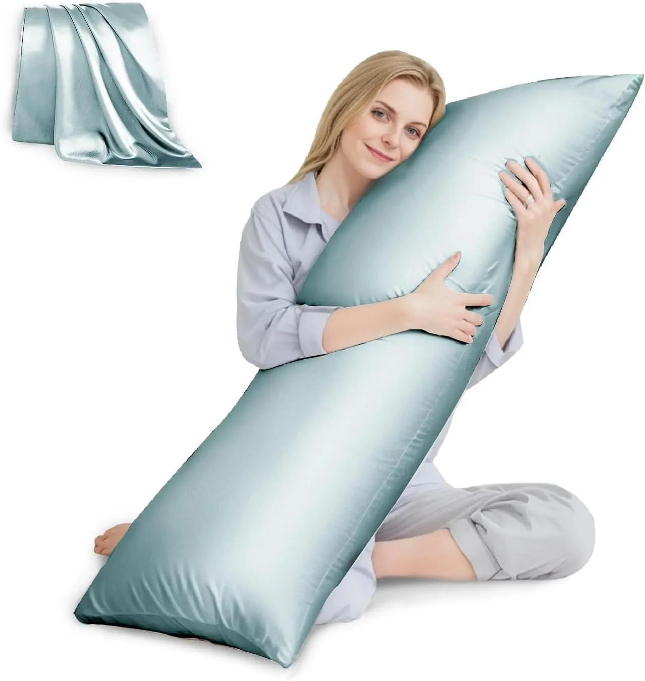 HUXMEYSON Body Pillow with Satin Pillowcase, Body Pillow for Adults, Removable Cover, Ice Blue (20"x54")
