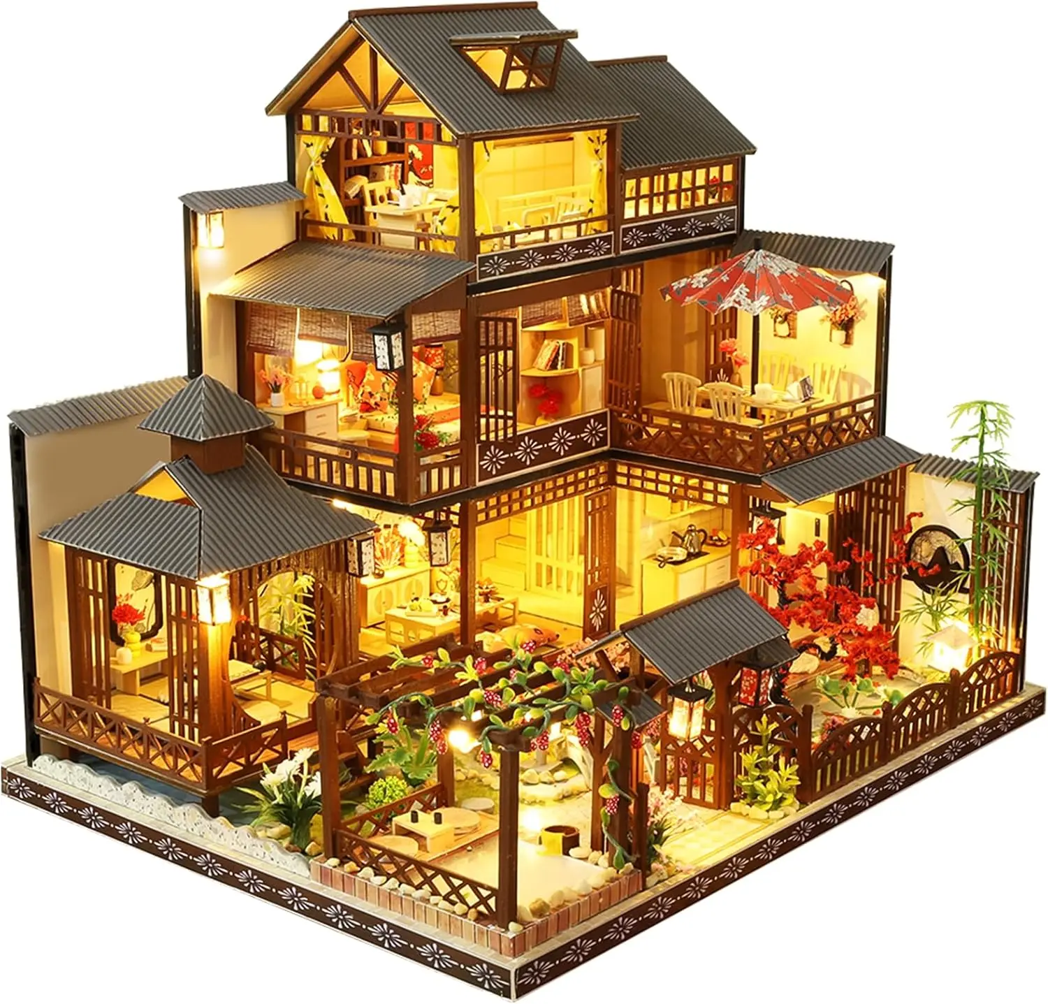 Spilay 1:24 Scale Miniature House Manual DIY Kit - Yaquan Japanese Courtyard Dollhouse with Wooden Furniture, LED Lights, Music Box, Step-by-Step Guide, 3 kg, 35*26.5*30 cm, Requires Batteries, Perfect Gift for Adults, Home Decoration